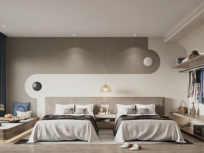 Modern Hotel Room With Twin Beds Gray Accent Wall Circular Decor Pendant Light Open Closet 3d model