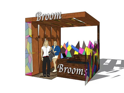 Colorful Brooms Display Booth With Geometric Patterns And Two People 3d model