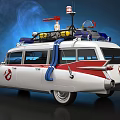 White Classic Ghostbusters Ecto 1 Car With Roof Mounted Equipment And Ladder