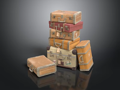 Stacked Vintage Suitcases In Different Colors With Classic Travel Luggage Design 3d model