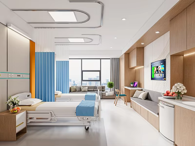 Modern Hospital Outpatient Ward Interior With Beds Curtains And TV 3d model