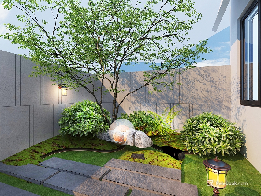 Modern Garden Design With Tree Stone Wall Lawn Steps Lantern And Green Plants 3d model 