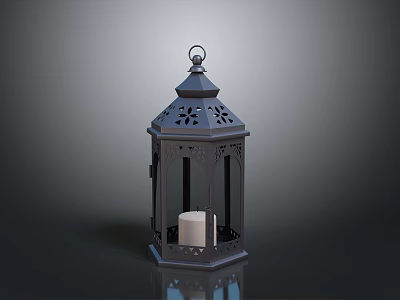 Black Metal Lantern With Intricate Cutout Design And White Candle Inside 3d model