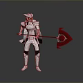 Silver White Armored Character with Helmet Holding Red Weapon Standing on Dark Reflective Surface