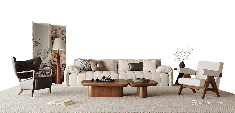 Modern Beige Sofa and Wooden Coffee Table Set with Decorative Pillows and Floor Lamp 3d model 
