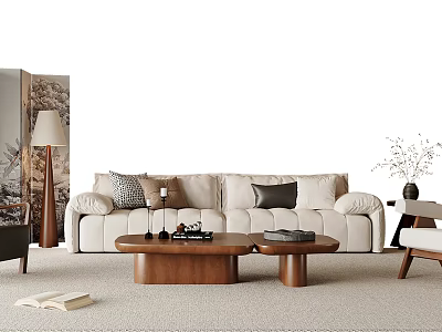 Modern Beige Sofa and Wooden Coffee Table Set with Decorative Pillows and Floor Lamp 3d model