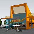 Modern Restaurant With Orange Staircase Blue Seating And Outdoor Dining Tables