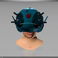 Modern Tech Inspired Blue Head Mounted Helmet With Black Structures And Red Circular Component 3d model