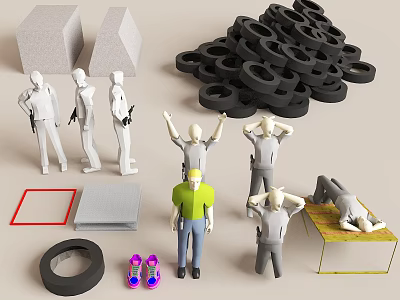 Toy Weapons Display With Action Figures Black Rings Gray Blocks And Purple Shoes 3d model