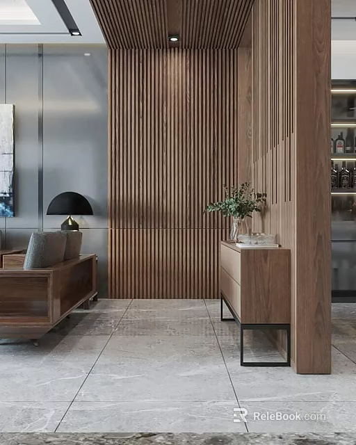 Modern Wooden Living Room Interior With Slat Wall Sofa Side Cabinet And Green Plant 3d model 