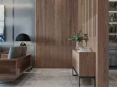 Modern Wooden Living Room Interior With Slat Wall Sofa Side Cabinet And Green Plant 3d model