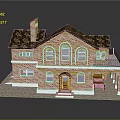 Traditional Red Brick House Exterior with Brown Roof Chimney Arched Windows and Porch Steps