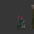 Pink Robot Character With Square Head X Shaped Eyes And Green Boxes On Metal Wall