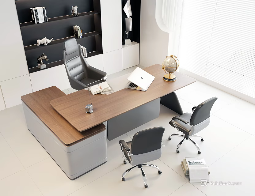 Modern Wooden Office Desk With Laptop Globe Book And Two Office Chairs In Bright Room 3d model 