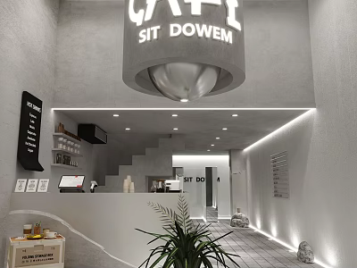 Cafe Interior Design with Sit Down Sign Gray Walls Lighting Counter and Staircase 3d model
