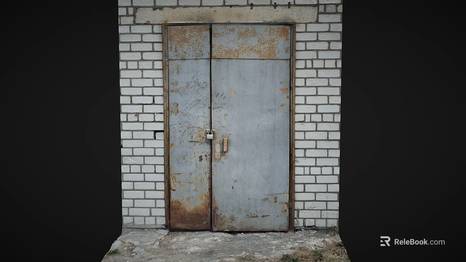 Old Rusty Metal Double Door Furniture With White Brick Wall And Cement Floor 3d model 