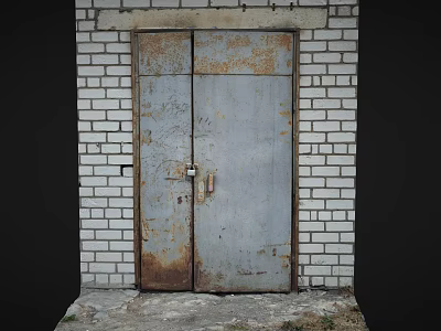 Old Rusty Metal Double Door Furniture With White Brick Wall And Cement Floor 3d model