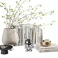 Decorative Ornament Set With Ceramic Vase Green Plant Branches Books And Small Robot Figurine
