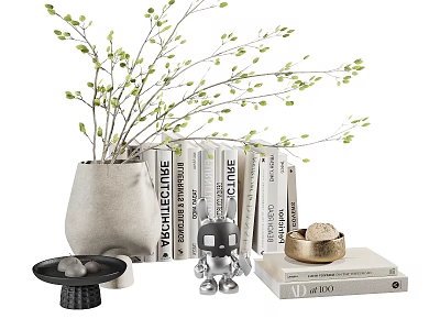 Decorative Ornament Set With Ceramic Vase Green Plant Branches Books And Small Robot Figurine 3d model
