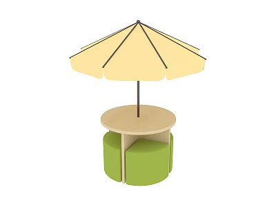 Yellow Sunshade with Round Wooden Table and Green Round Cushioned Stools 3d model