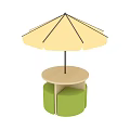 Yellow Sunshade with Round Wooden Table and Green Round Cushioned Stools