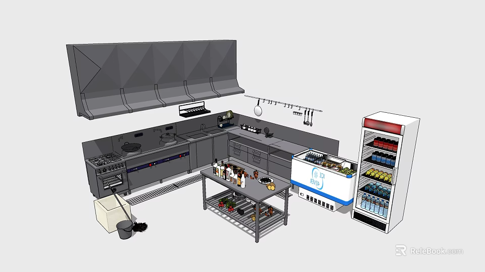 Modern Commercial Kitchen Equipped With Range Hood Stove Refrigerator And Worktable 3d model 