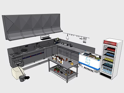 Modern Commercial Kitchen Equipped With Range Hood Stove Refrigerator And Worktable 3d model