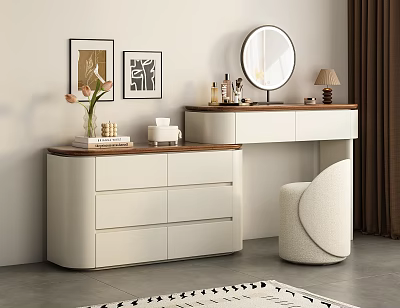 Modern Dressing Table Interior With Round Mirror Wooden White Drawers And Side Chair 3d model