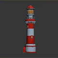 Red and White Lighthouse With Yellow Light on Top Tower Structure and Windows 3d model
