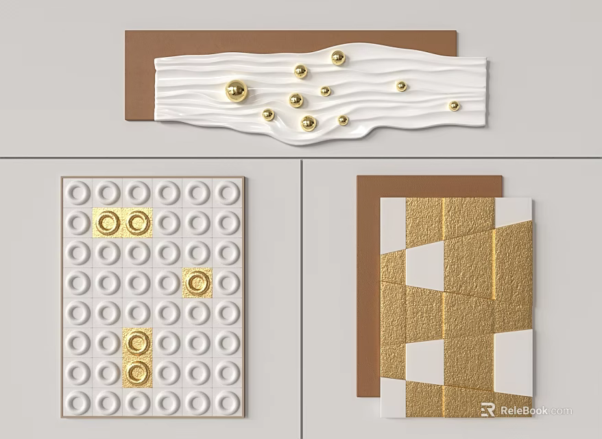 White and Gold Wall Decor with Wavy Circular and Geometric Patterns 3d model