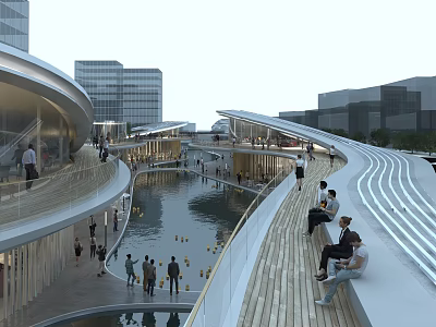 Modern Office Building Complex With Curved Walkways Water Pond And Gathering People 3d model