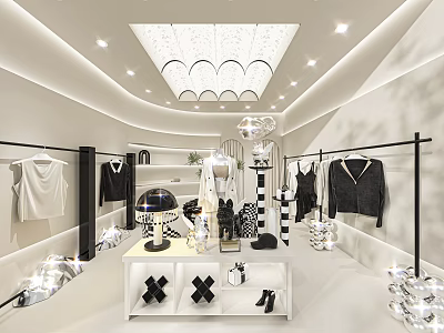 Modern Clothing Store Interior With Hanging Clothes Display Racks Decorative Items And Lighting 3d model