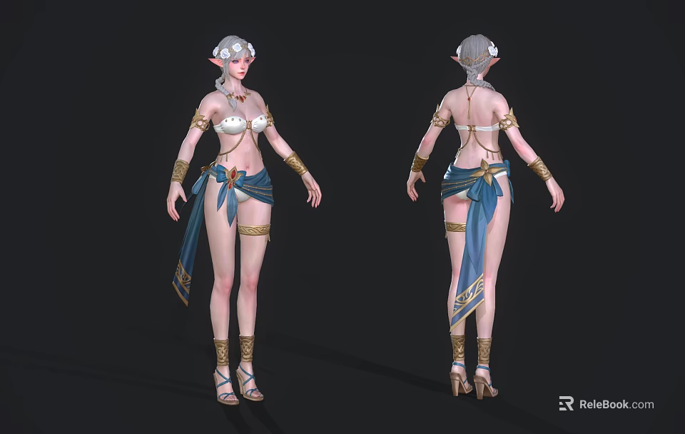 Elf Woman With Silver Hair In Blue Fabric Outfit And Gold Decorations Front Back View 3d model 