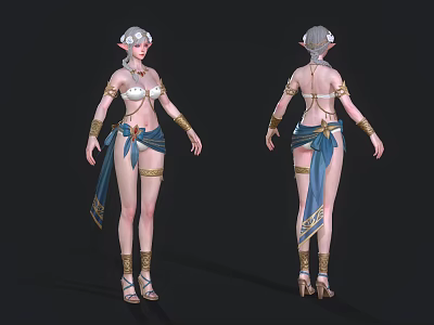 Elf Woman With Silver Hair In Blue Fabric Outfit And Gold Decorations Front Back View 3d model