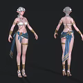 Elf Woman With Silver Hair In Blue Fabric Outfit And Gold Decorations Front Back View