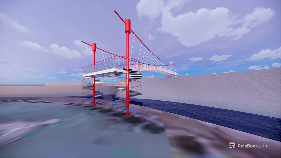Modern Spiral Bridge With Red Supports And White Deck Under Blue Sky 3d model 