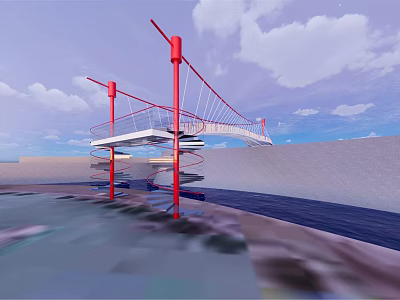 Modern Spiral Bridge With Red Supports And White Deck Under Blue Sky 3d model