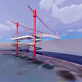 Modern Spiral Bridge With Red Supports And White Deck Under Blue Sky