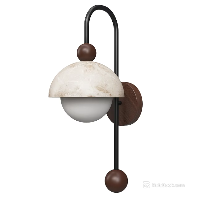 Modern Dome Shaped Wall Lamp With White Marble Lampshade Black Metal Stand And Wooden Balls 3d model 