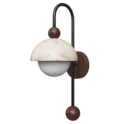 Modern Dome Shaped Wall Lamp With White Marble Lampshade Black Metal Stand And Wooden Balls 3d model