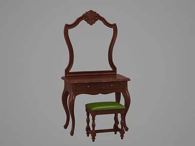 Classic Wooden Dressing Table With Carved Mirror And Green Upholstered Stool 3d model