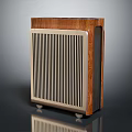 Modern Household Appliance With Wooden Design And Metal Grille On Wheels