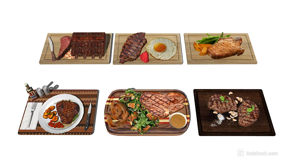Various Delicious Steak And Grilled Meat Dishes With Vegetables And Egg On Wooden Plates 3d model 