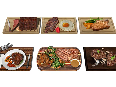 Various Delicious Steak And Grilled Meat Dishes With Vegetables And Egg On Wooden Plates 3d model