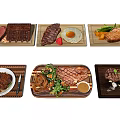 Various Delicious Steak And Grilled Meat Dishes With Vegetables And Egg On Wooden Plates