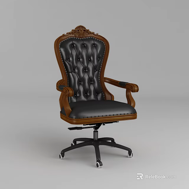 Vintage Office Chair With Black Leather Upholstery Carved Wooden Frame Armrests And Swivel Wheels 3d model 