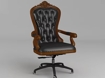 Vintage Office Chair With Black Leather Upholstery Carved Wooden Frame Armrests And Swivel Wheels 3d model