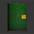 Industrial Green Metal Barrel With Yellow Label And Ribbed Surface