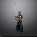 Warrior Figure With Golden Headdress Holding Long Staff And Ornate Armor