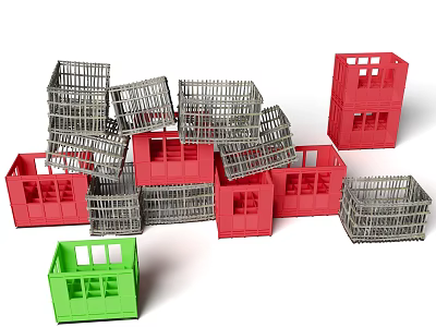 Colorful Plastic Crates In Red Gray Green Stacked And Scattered Arrangement 3d model